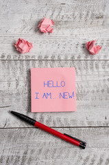 Conceptual hand writing showing Hello I Am New. Concept meaning used as greeting or to begin...