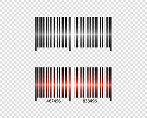 Illustration of a bar code. Laser scanning. Light red effect. The element is isolated on a transparent background.