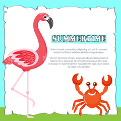 Crab and pink flamingo vector, tropical animals. Bird on long legs with colored plumage, raw seafood tropical vacation and greenery poster with text