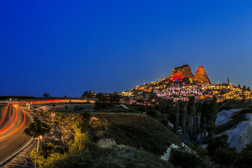 Fototapeta na wymiar The view of the ancient city and fortress Ukhchisar night, Cappadocia, Turkey