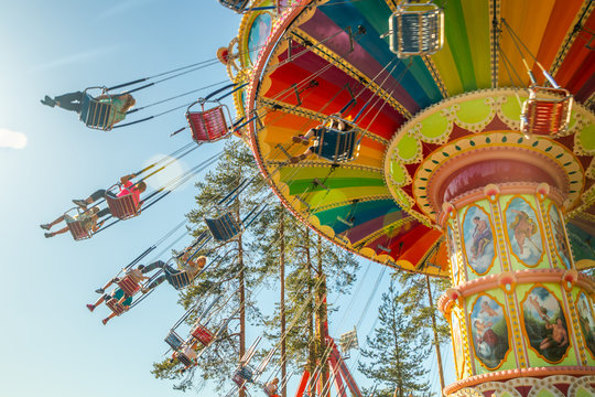 Kouvola, Finland - 18 May 2019: Ride Swing Carousel in motion in amusement park Tykkimaki