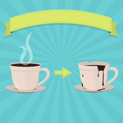 New hot chocolate cup and broken hot chocolate cup. Drink overflowing from the cup. Blank ribbon for insert text.