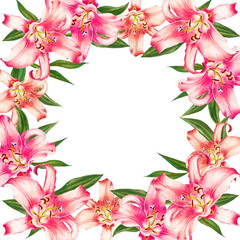 Fototapeta na wymiar Beautiful pink lily frame. Bouquet of flowers. Floral print. Marker drawing. Watercolor painting. Wedding and birthday festive composition. Greeting card. Painted background. Hand drawn illustration.