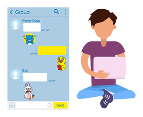 Kakaotalk communication vector, messenger interface with stickers and text. Person using laptop to talk to friends, funny animals and emoticons in chatting box