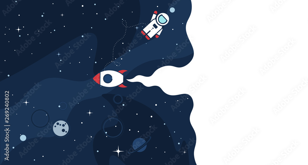 Sticker space background with cosmos and white empty place for text. cute template with astronaut, spaceship