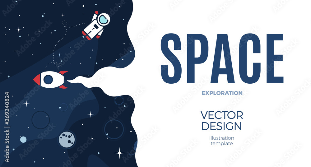 Wall mural space background with cosmos and white empty place for text. cute template with astronaut, spaceship