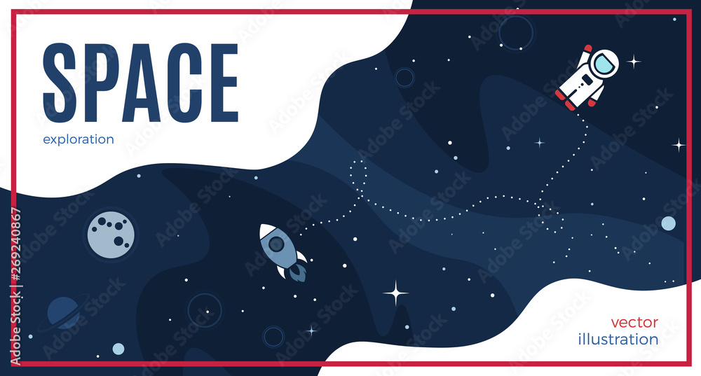 Poster space background with cosmos and white empty place for text. cute template with astronaut, spaceship