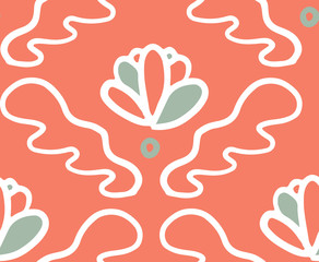 Pink green ornament bloom seamless pattern. Great for elegant floral product design, fabric, wallpaper, backgrounds, invitations, packaging design projects. Surface pattern design.