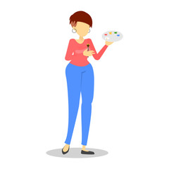 Creative female character holding brush and color palette