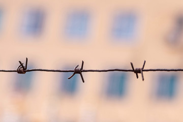 Barbed wire on country border. Barbwire on fence for prohibition of illegal aliens crossing.