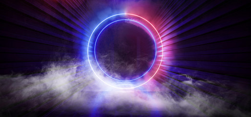 Smoke Neon Dark Stage Construction Glow Purple Blue Retro Modern Sci Fi Futuristic Future Tunnel Corridor Hallway Grunge Concrete Reflection Shapes Fluorescent Lasers 3D Rendering