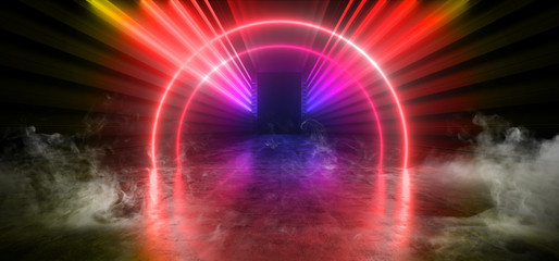 Smoke Futuristic Neon Dark Stage Construction Glow Purple Red Yellow Retro Modern Sci Fi  Future Tunnel Corridor Hallway Grunge Concrete Reflection Shapes Fluorescent Lasers 3D Rendering