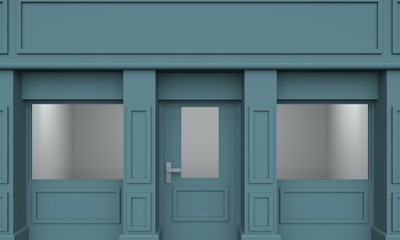 Empty classic blue store or cafe facade. 3d rendering