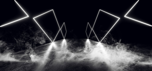 Smoke Sci Fi Night Neon Show Vibrant Glow Blue Purple Modern Futuristic Fluorescent Concrete Grunge Floor Reflection Empty Showcase Portal Entrance Path Corridor Tunnel Garage 3D Rendering