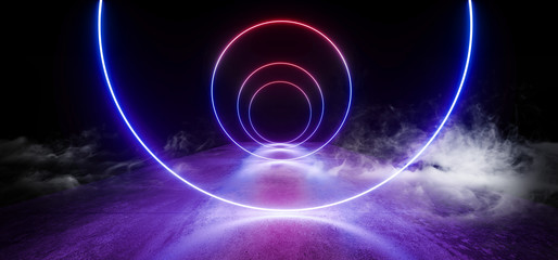 Smoke Fog Sci Fi Circle Neon Show Vibrant Glow Blue Purple Modern Futuristic Fluorescent Concrete Grunge Floor Reflection Empty Showcase Portal Entrance Path Corridor Tunnel Garage 3D Rendering