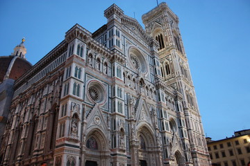 the famous Piazza del Duomo in Florence, in the heart of the historic city center. Cathedral of Santa Maria del Fiore in white Carrara marble