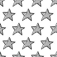 Cute cartoon star pattern with hand drawn stars. Sweet vector black and white star pattern. Seamless monochrome doodle star pattern for textile, wallpapers, wrapping paper, cards and web.