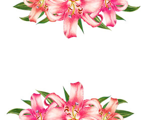 Beautiful pink lily frame. Bouquet of flowers. Floral print. Marker drawing. Watercolor painting. Wedding and birthday festive composition. Greeting card. Painted background. Hand drawn illustration.