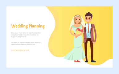 Wedding planning, just married cartoon characters. Bride and groom engagement. Vector man and woman with bouquet of flowers, in evening dresses. Website or webpage template, landing page flat style