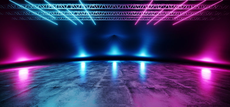 Stage Futuristic Blue Purple Neon Glow Sci Fi  VIbrant Dark Showcase Podium Virtual Reality Empty Reflection Grunge Concrete Laser 3D Rendering