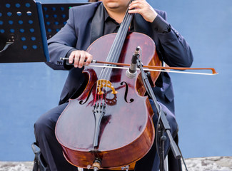 musician in blue suit playing the cello © Sofiia