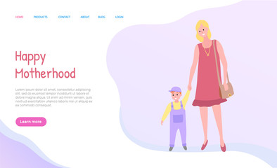 Mother holding son, full length and portrait view of walking parent with child in casual clothes, going together outdoor, happy motherhood vector. Website or webpage template, landing page flat style