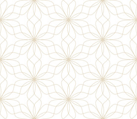 Modern simple geometric vector seamless pattern with gold flowers, line texture on white background. Light abstract floral wallpaper, bright tile ornament