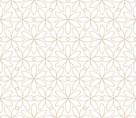 Moderne eenvoudige geometrische vector naadloze patroon met gouden bloemen, lijntextuur op witte achtergrond. Licht abstract bloemenbehang, helder tegelornament