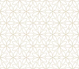 Tuinposter Bloemenprints Moderne eenvoudige geometrische vector naadloze patroon met gouden bloemen, lijntextuur op witte achtergrond. Licht abstract bloemenbehang, helder tegelornament