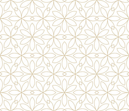 Modern simple geometric vector seamless pattern with gold flowers, line texture on white background. Light abstract floral wallpaper, bright tile ornament