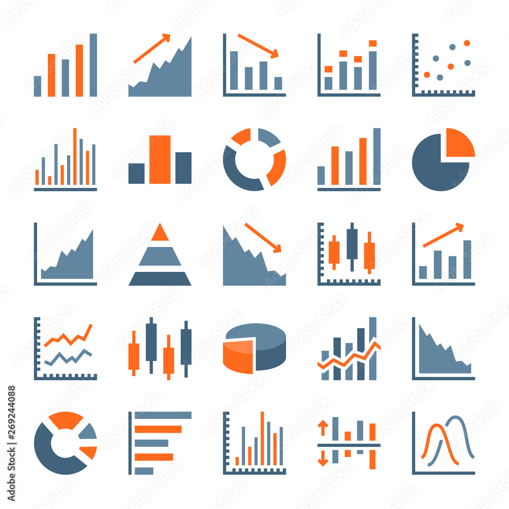 Poster graph and chart related flat icons. statistics, growth and pie chart icon set. stats and diagram vec