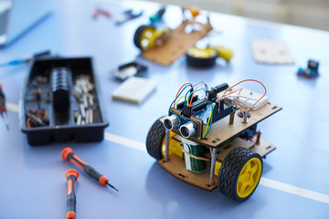 Close Of Robot Vehicle In School Computer Coding Class