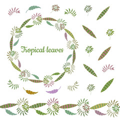 Botanical wreath made from different leaves of tropical plants. Endless horizontal brush. Seamless horizontal border.