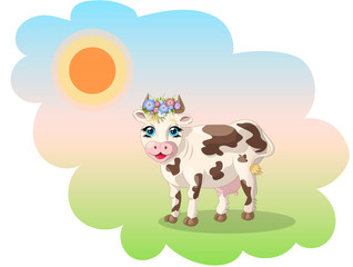 cow vector illustration with flowers on the head