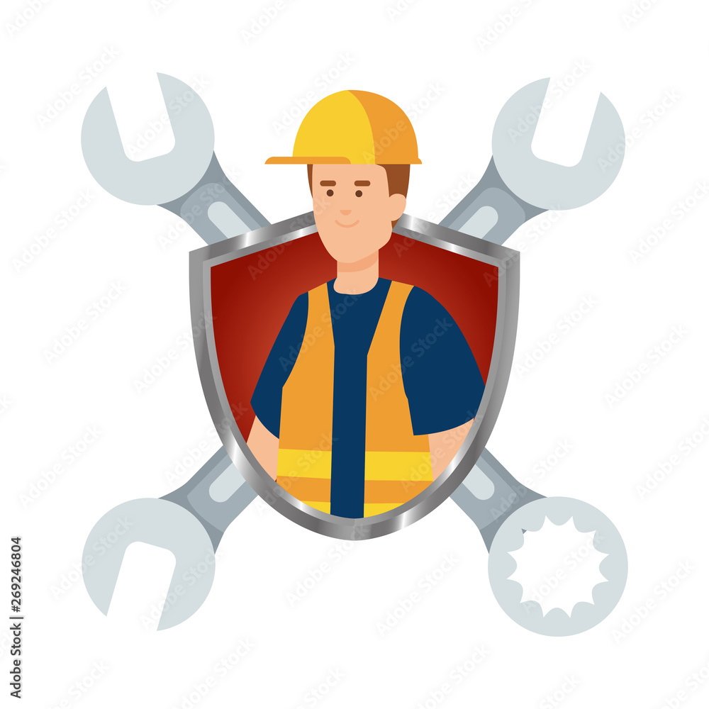 Poster builder worker with helmet and wrenches in shield