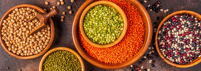 Assortment  of Legumes - lentils, peas, mung, chickpeas and different beans.