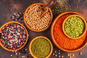 Assortment  of Legumes - lentils, peas, mung, chickpeas and different beans.