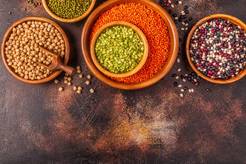 Assortment  of Legumes - lentils, peas, mung, chickpeas and different beans.