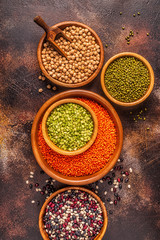 Assortment  of Legumes - lentils, peas, mung, chickpeas and different beans.