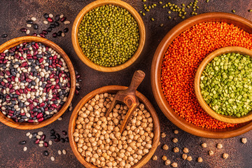 Assortment  of Legumes - lentils, peas, mung, chickpeas and different beans.