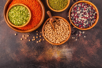 Assortment  of Legumes - lentils, peas, mung, chickpeas and different beans.