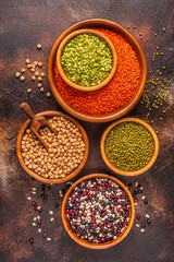 Assortment  of Legumes - lentils, peas, mung, chickpeas and different beans.