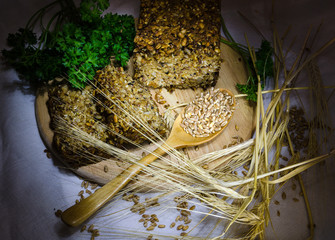 grain bread on cutting board