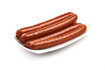 Grilled bratwurst Pork Sausages, close-up, isolated on white background