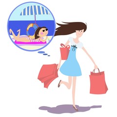 Fototapeta na wymiar The picture shows a young beautiful slim girl, runs from the store, with shopping bags, in her head the thought of relaxing on the seashore, cartoon character, color illustration in vector