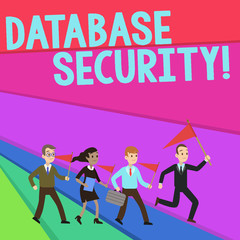 Text sign showing Database Security. Business photo text security controls to protect databases against compromises People Crowd Flags Pennants Headed by Leader Running Demonstration Meeting