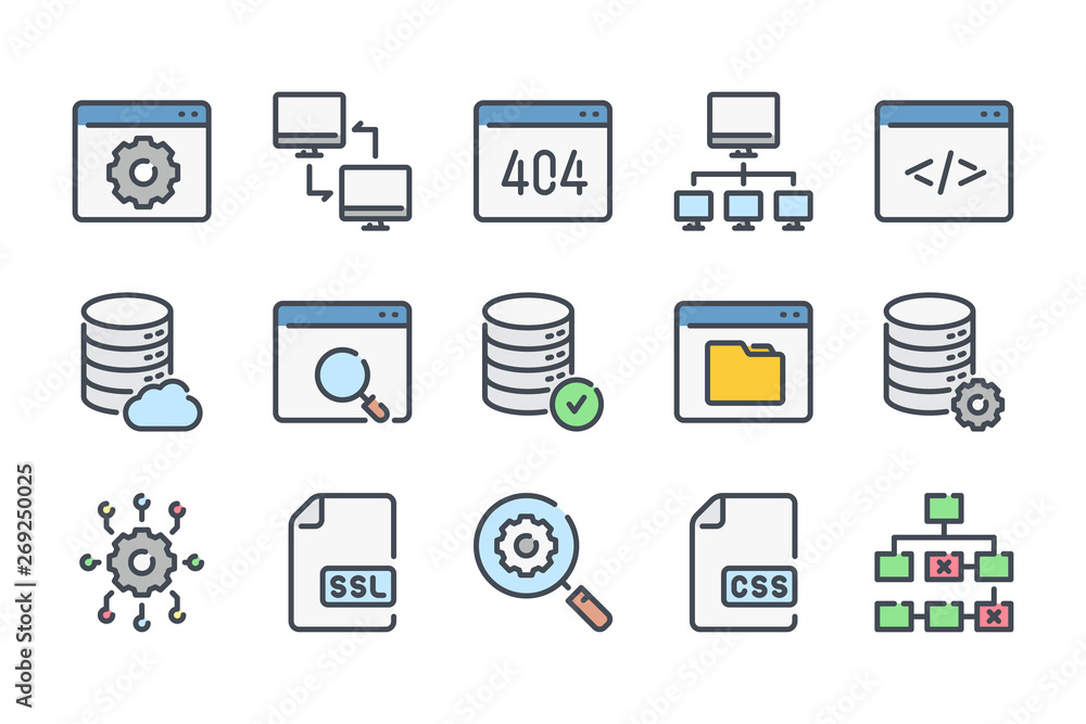 Poster web support related color line icon set. hosting services colorful linear icons. network and connect