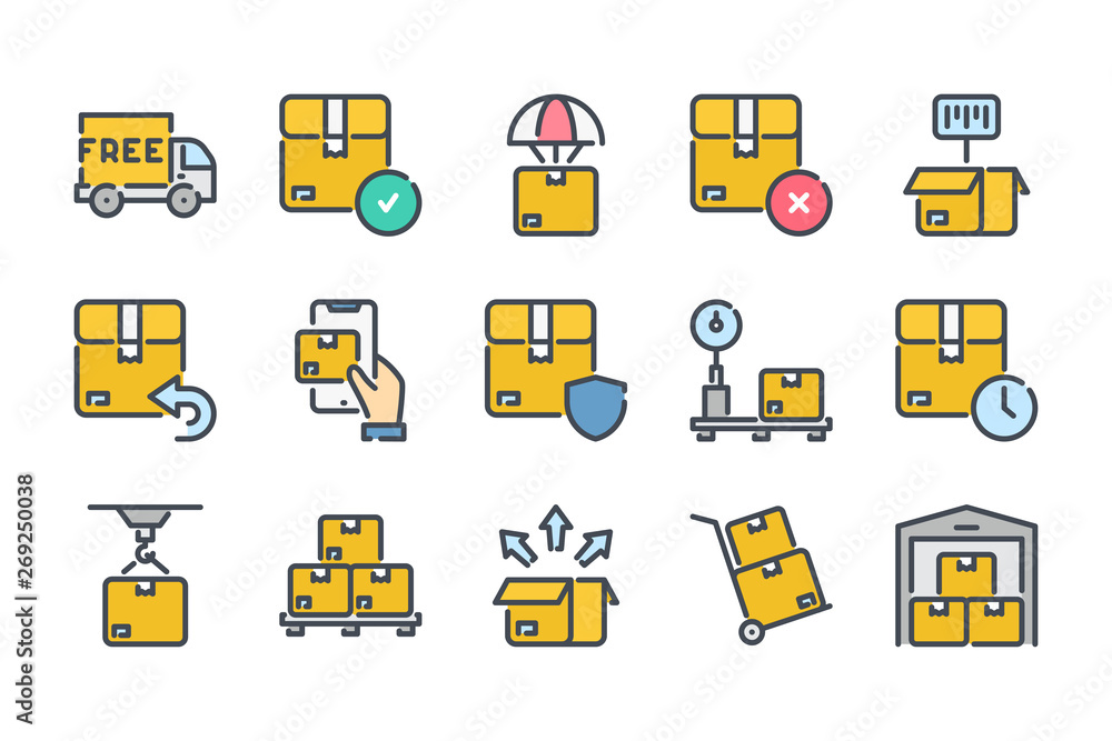Poster delivery related color line icon set. shipping colorful linear icons. storage and distribution flat 