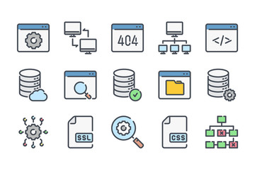 Web support related color line icon set. Hosting services colorful linear icons. Network and connection flat color outline vector sign collection.