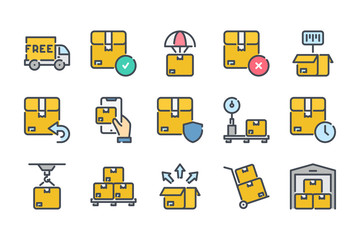 Delivery related color line icon set. Shipping colorful linear icons. Storage and distribution flat color outline vector signs and symbols collection.